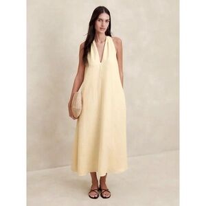 BANANA REPUBLIC Pale Yellow 100% Linen Halter V Neck Sleeveless Midi Dress - XL